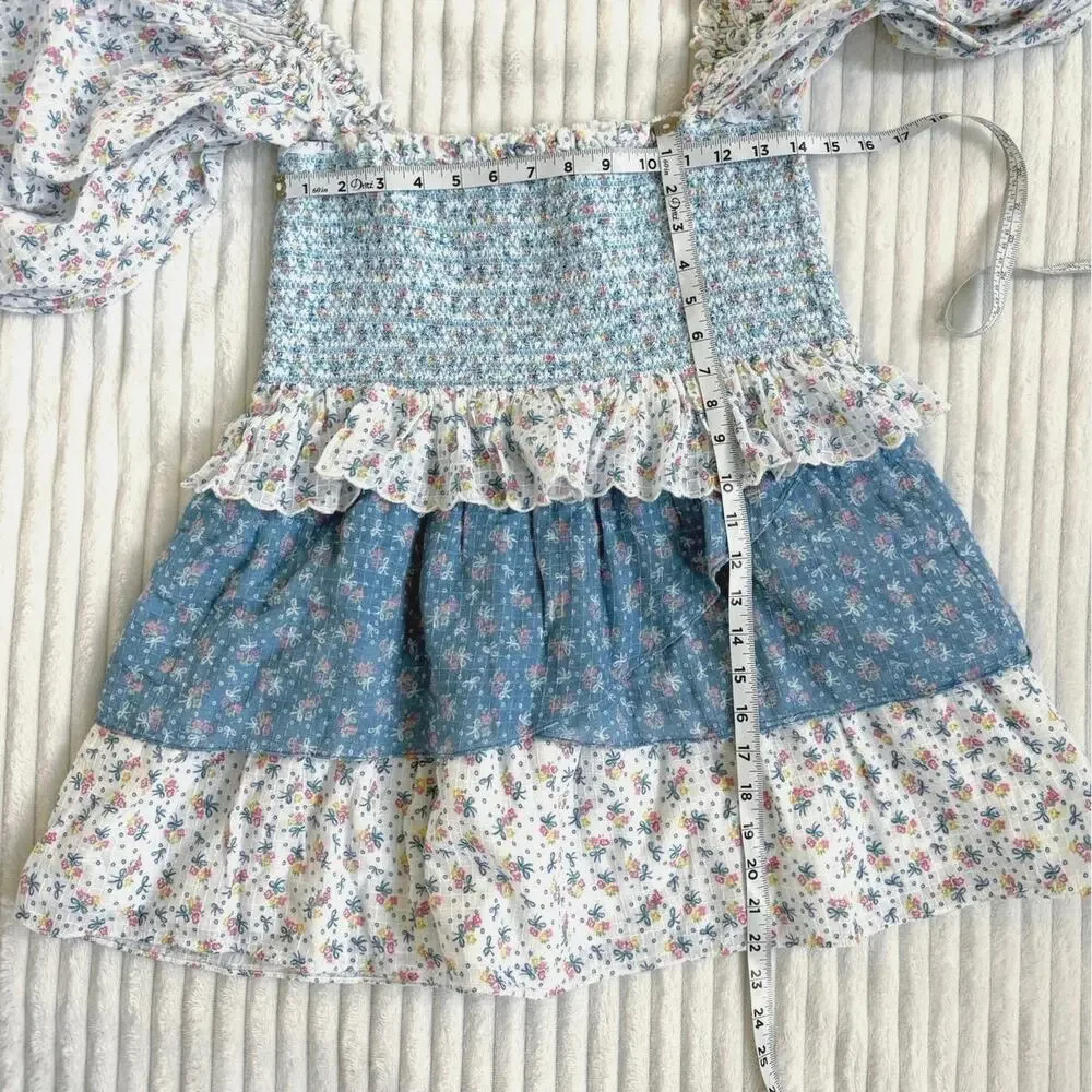 LoveShackFancy NWOT Shaw Large Blue Micro Mini Dress Floral Tiered Tunic - Picture 15 of 16